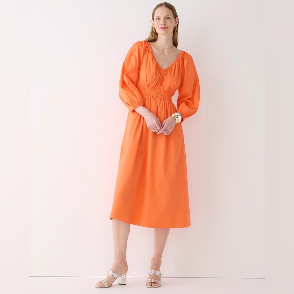 J. Crew V-Neck Cotton Poplin Orange Midi Dress Balloon Sleeve Peasant Dress